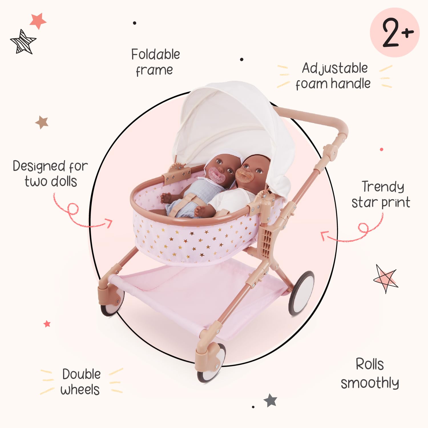 LullaBaby Akcesoria 35 cm – różowy wózek zabawkowy ze złotymi gwiazdkami dla bliźniaków – składany baldachim, kółka obrotowe i kosz do przechowywania – udawaj zabawę przez ponad 2 lata