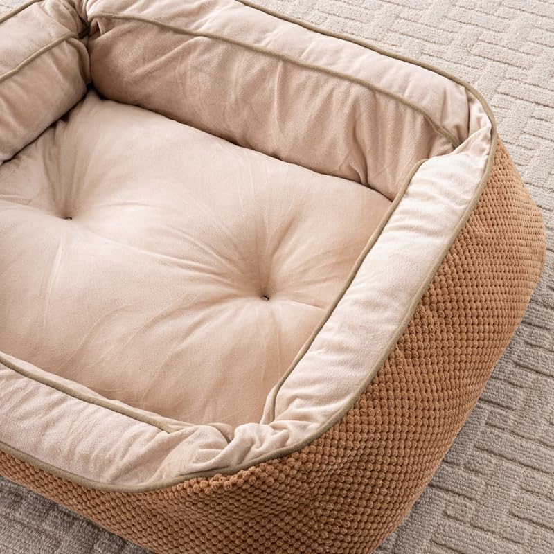 Happy Pets Luxury Orthopedic Pet Bed, Wide Stripe, Brown or Dark Gray Square Nest Bolster Design, Machine Washable Cover, for All Breeds (Brown, 35" x 25" x 9")