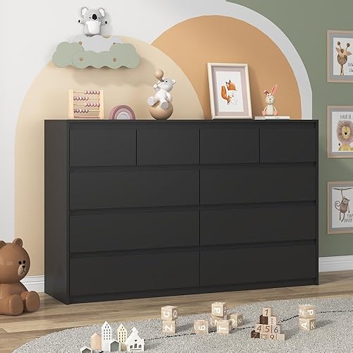 Black Malm Dresser for Bedroom, 55" Wide 37" Tall Dresser with 10 Drawers, Modern Large Wood Chest of Drawer Handle Free, Living Room, Entryway, Hallway, Black