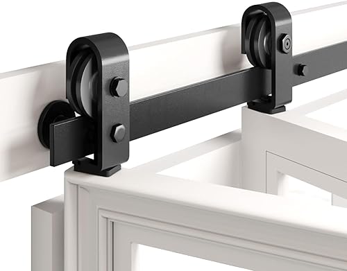 FINOSEN Kit de rieles de puerta corrediza de granero de 34 pulgadas para dos puertas de 15 pulgadas, instalación de montaje superior, rodillo