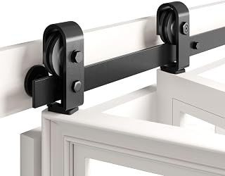 FINOSEN 28'' Bi-Fold Sliding Barn Door Hardware Track Kit for Two 12'' Doors,Top Mount Installation,Heavy Duty Roller,Smoothly and Quietly,Black(Door Not Included)