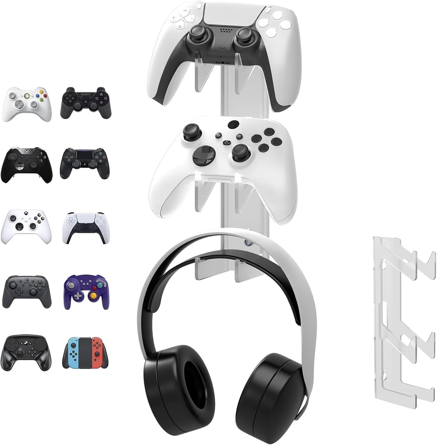 Transparent Acrylic Wall Mount for PS5/PS4 & Xbox Controllers with Headset Hooks – Drill-Free Adhesive or Screw Install, 10.2″ 6-Slot Display Rack, Crystal-Clear