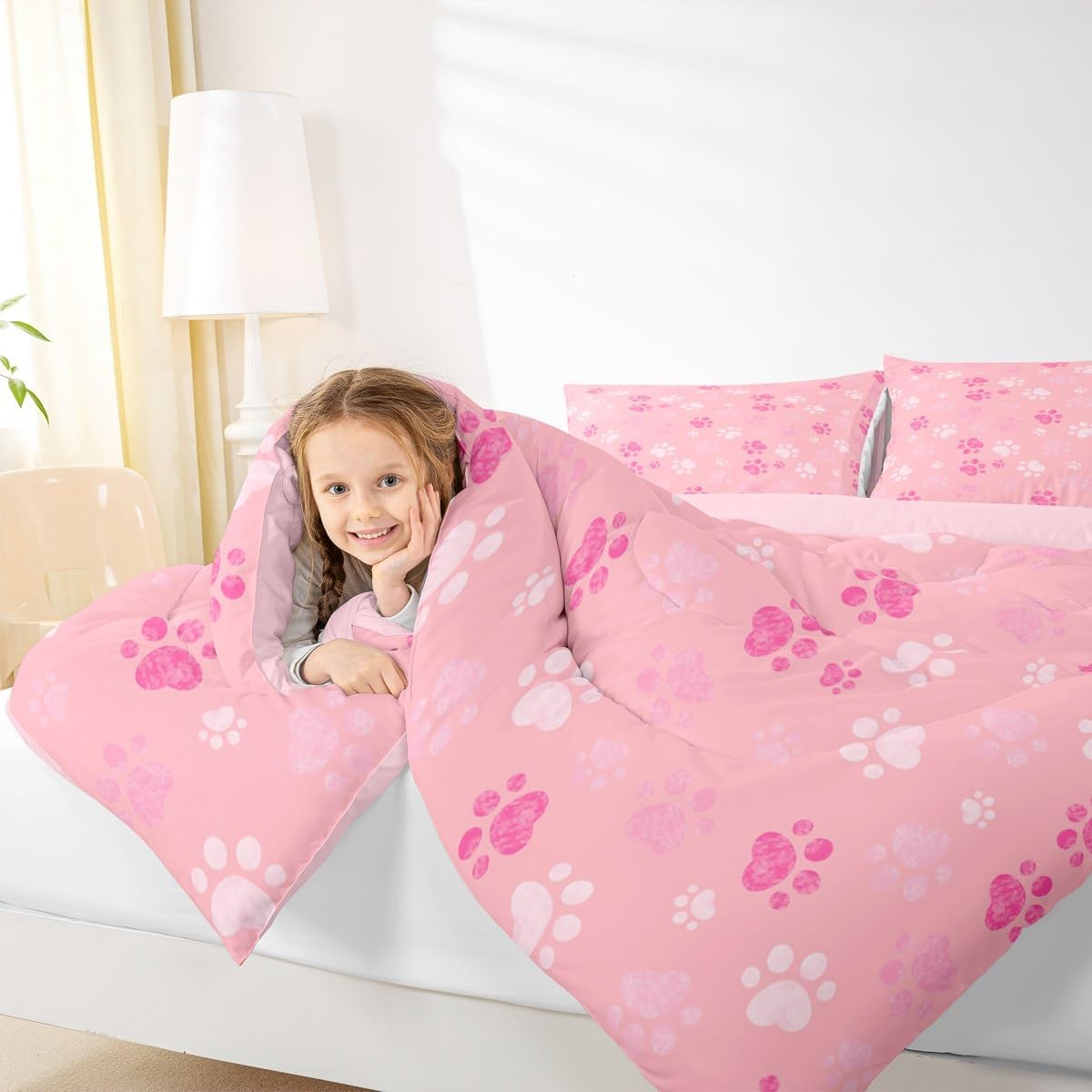 Feelyou Dog Paw Print Kids Comforter Set Twin Size Puppy Pets Bedding Set Cartoon Cute Duvet Quilt for Kids Boys Girls Bedroom Decor Microfiber Ultra Soft Breathable