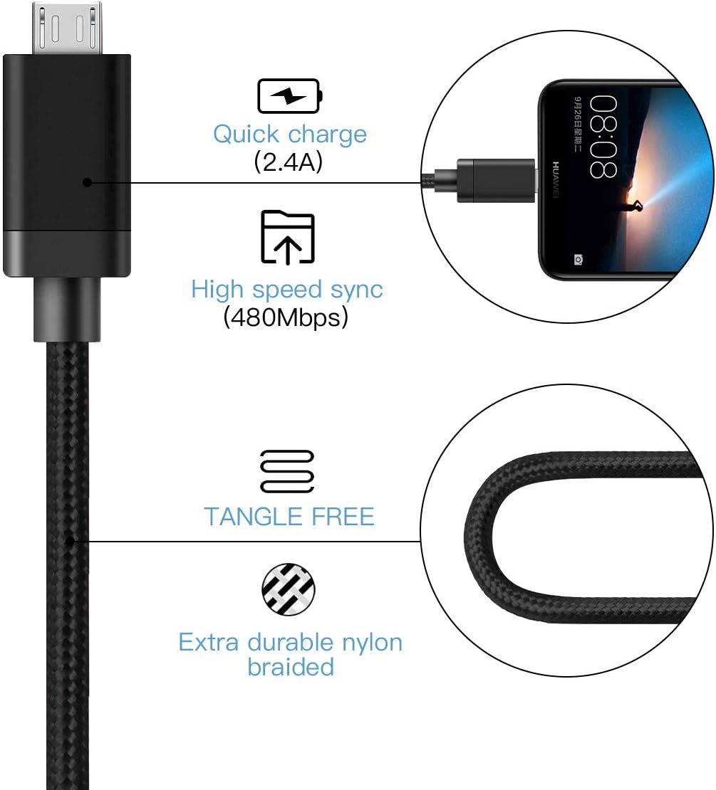 Micro USB Cable, Benicabe (2-Pack) Sync and Fast Charging Cord for Samsung Galaxy S7 Edge/ S7 S6 Note 5, Nexus, Android Charger and More (Black, 6FT 2Pack)