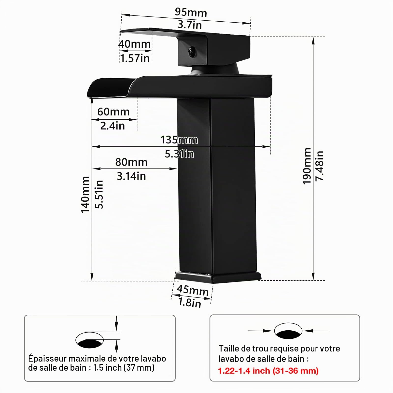 Robinet Salle de Bain Cascade Noir, Mitigeur Lavabo Cascade, Robinet Lavabo avec Bec Hauteur 140mm, Mitigeur Salle de Bain en Laiton, Robinetterie Eau Chaude et Froide Disponible, G 3/8