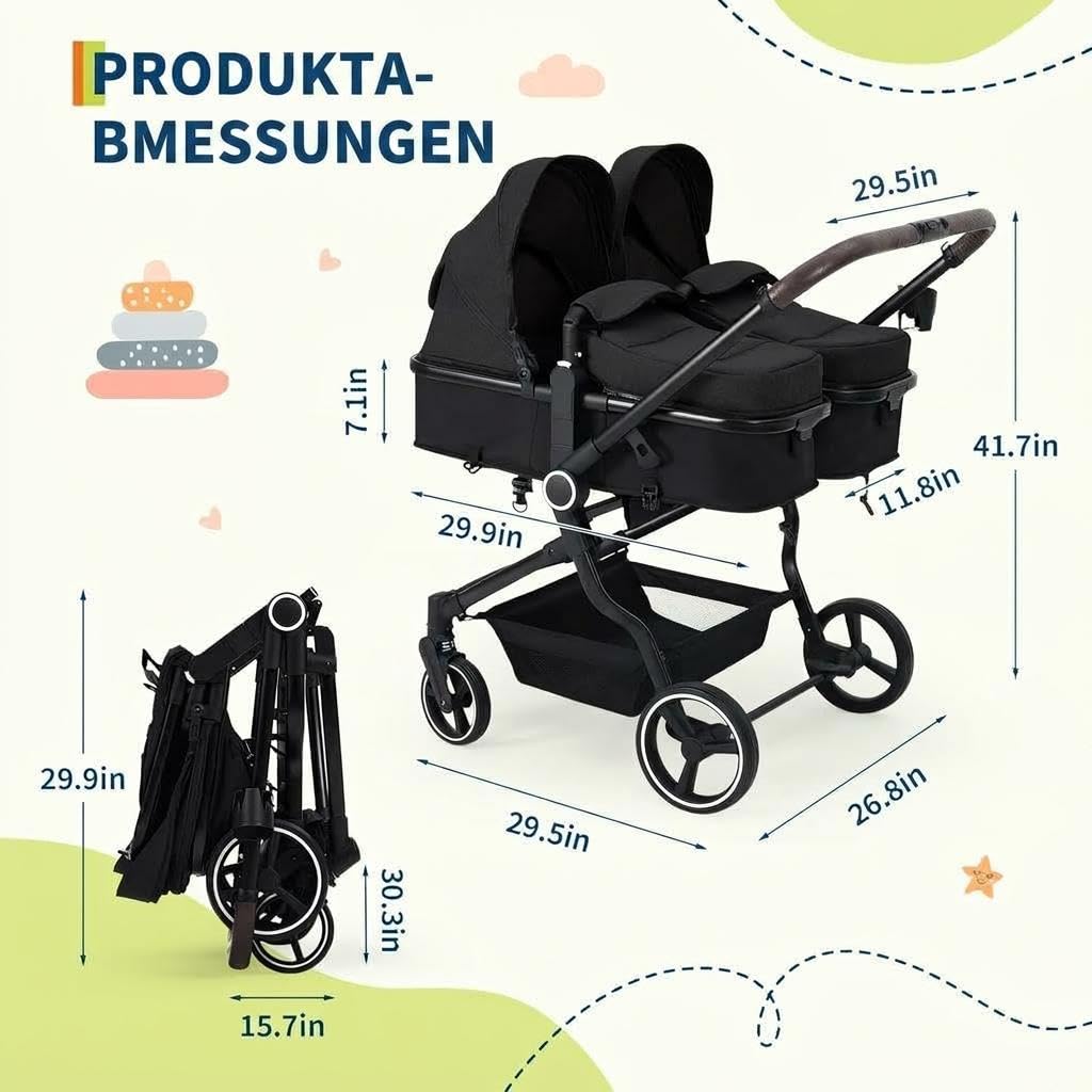 GarveeHome Geschwisterwagen Duo Side by Side Für Zwillinge, Leichter, Kompakt Faltbarer Zwillingskinderwagen Mit Hohem Babywagen Gestell, Verstellbarem Sonnendach & Liegeposition Für Kleinkind