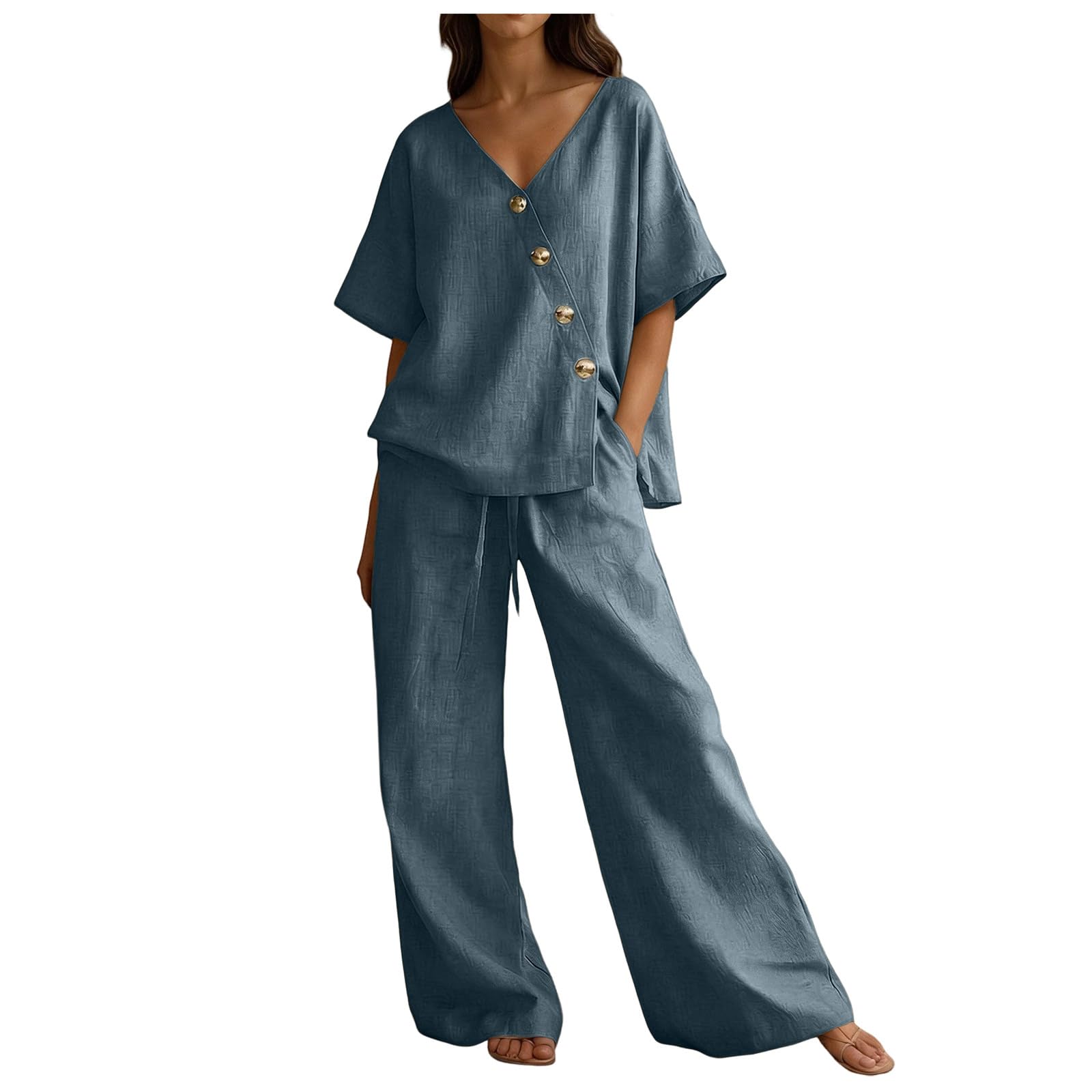 Ensemble Femme Chic Et Elegant Ete Pantalon Large Haut Fluide Tenue D'été 2 Pièces Pour Femme Élégant Tenue Décontractée Léger Respirant Tailleurs Chemisier Vetement pour Sorties Quotidiennes