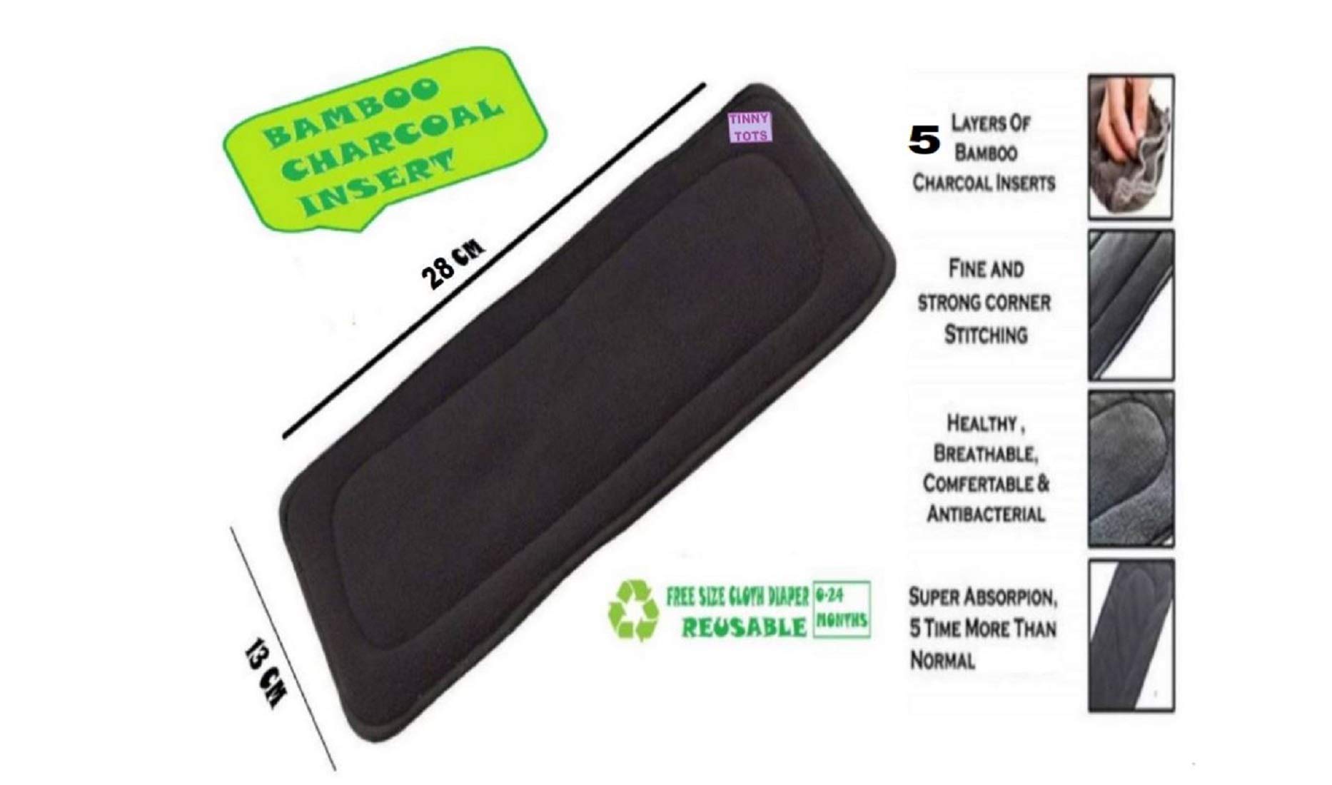 Tinny Tots Pack of 5 Bamboo Charcoal Inserts Liners Pads(5 Layers) Wetfree Washable Reusable Adjustable Cotton Diaper Nappy Inserts Natures Cloth Diaper Liners For Baby Reusable Cloth Diapers(BLACK;0-24 Months) - Image 2 thumbnail