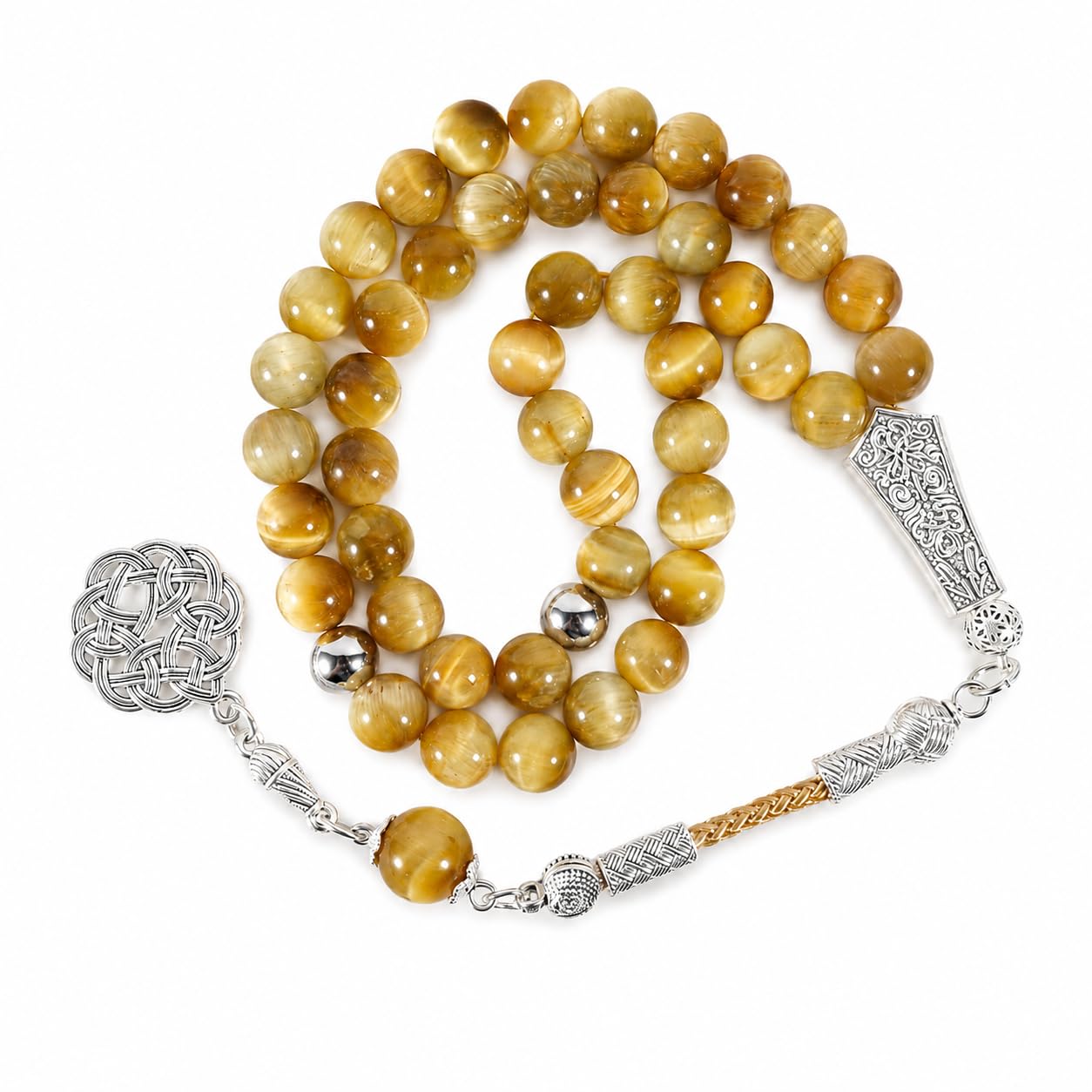 Golden Tiger's Eye Tasbih 45 Beads Misbaha Prayer Beads with Slivery Tassel, Gift for Men Father Husband, Ramadan Eid Birthday Gift Box