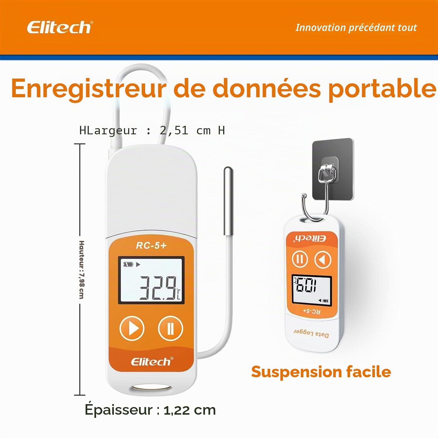 Elitech RC-5+ TE Mini Enregistreur de Données de Température USB avec Sonde Externe, Haute Précision 32000 Points de Capacité d'enregistrement Export PDF Auto