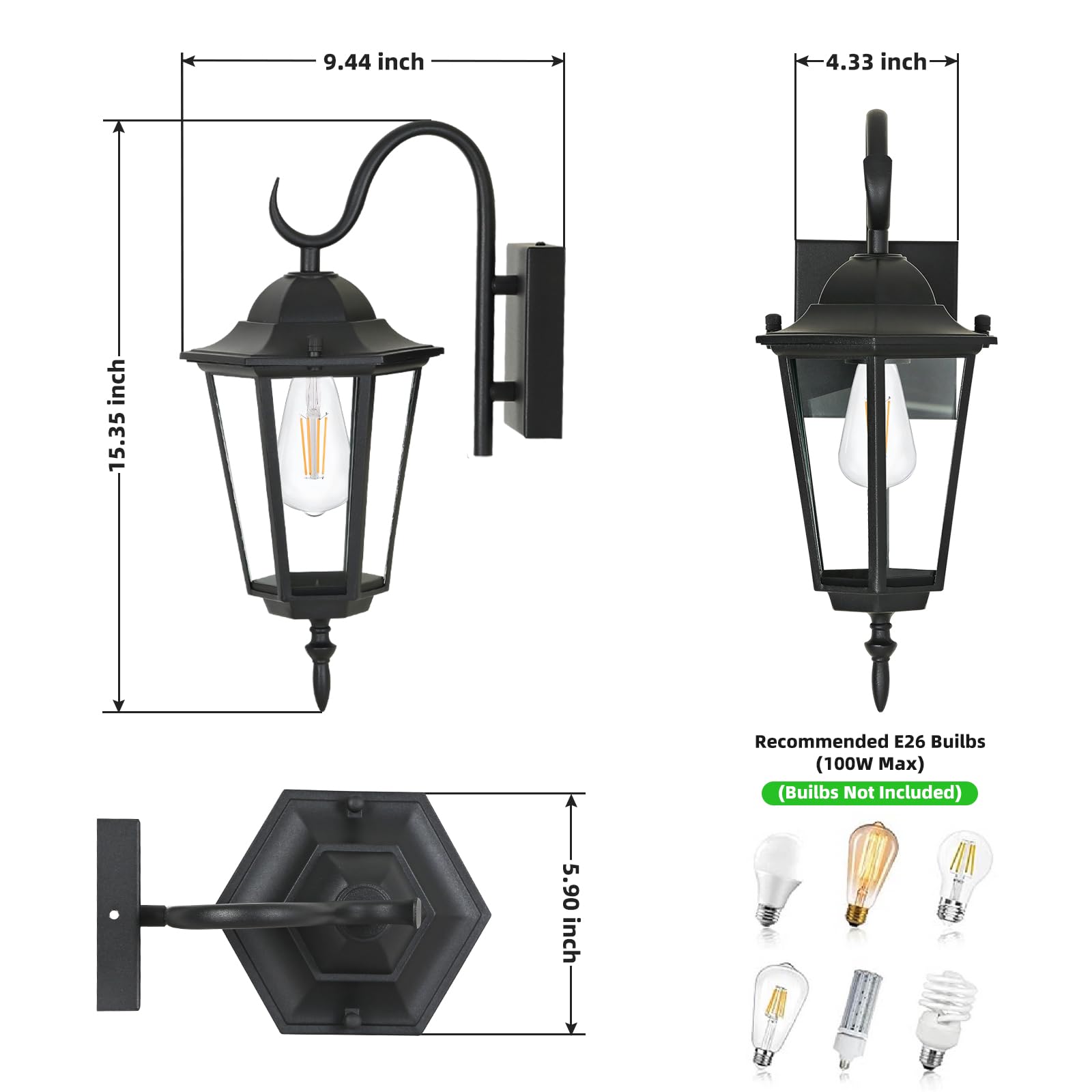 Large Size 16 Inch Outdoor Wall Lantern, Waterproof Exterior Wall Sconce Light Fixture, Anti-Rust Wall Mount Light with Clear Glass Shade, Matte Black Wall Lamp with E26 Socket for Porch, Front Door
