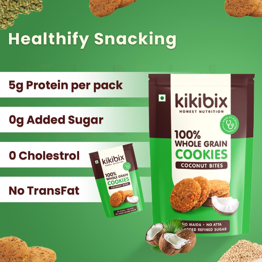 Kikibix High Fibre Coconut Cookies, High Fibre, Tasty & Healthy Mini Jaggery Biscuits, Multigrain Digestive Biscuit, Healthy Snacks For Adults & Kids,160 Gms - Image 4 thumbnail