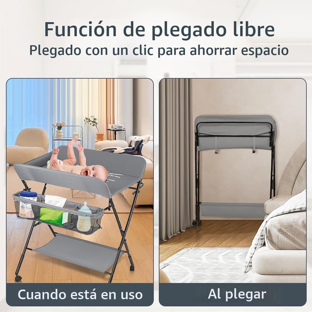 HUOLE - Cambiador plegable para bebé, portátil, cambiador plegable y portátil, con cesta de almacenamiento lateral, carga máxima de 25 kg, 80 x 66 x 98 cm (rojo)
