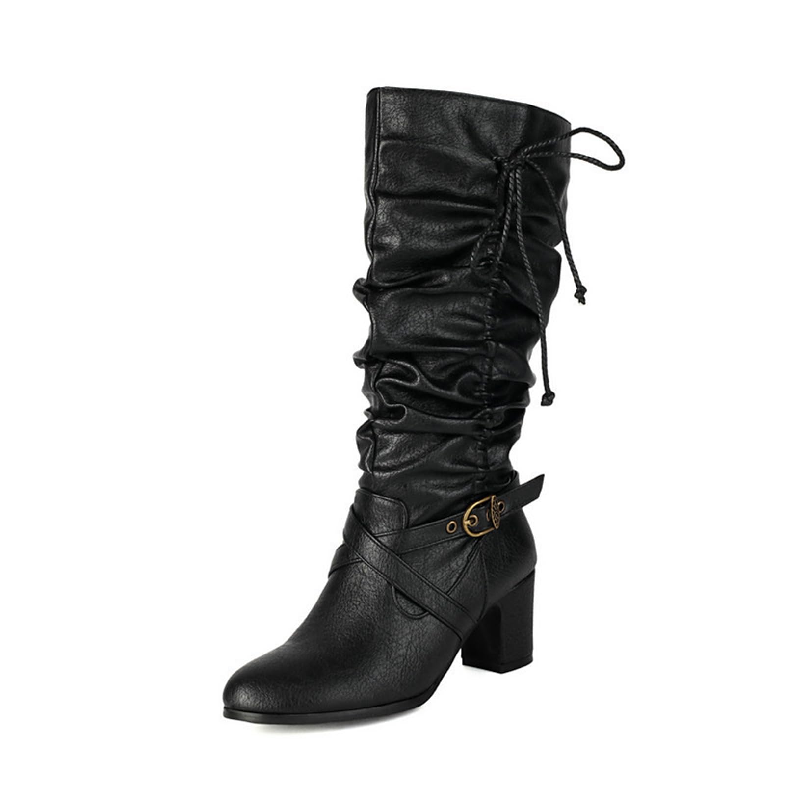 Womens Slouchy Knee High Boots Round Toe Chunky Block Mid Heel Knee Booties Side Zipper Metal Buckle Lace-Up
