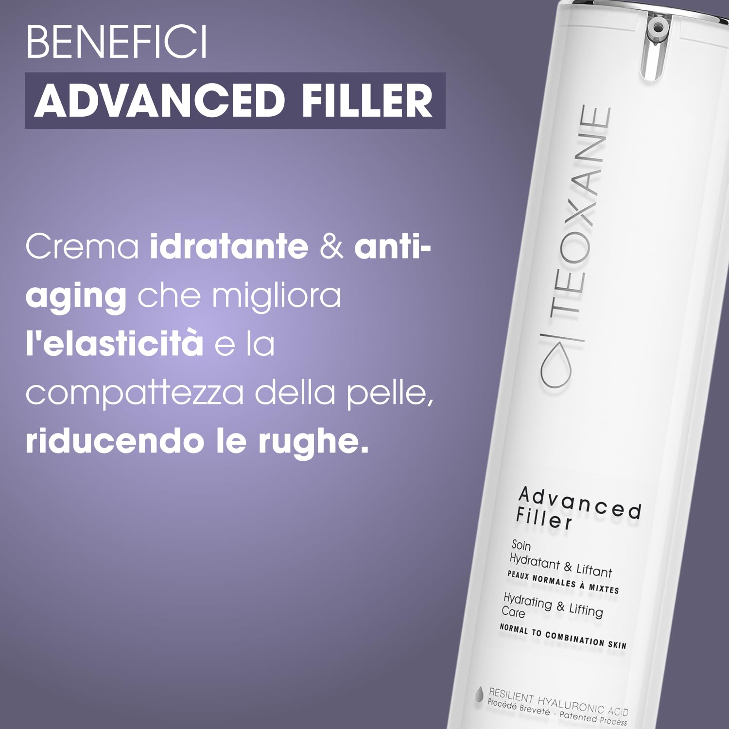TEOXANE - Advanced Filler, Normal to Combination Skin, Crema viso idratante e anti‑age per pelli normali e miste, Con RHA® e peptidi palmitoilati, Leviga, rimpolpa e migliora la grana della pelle
