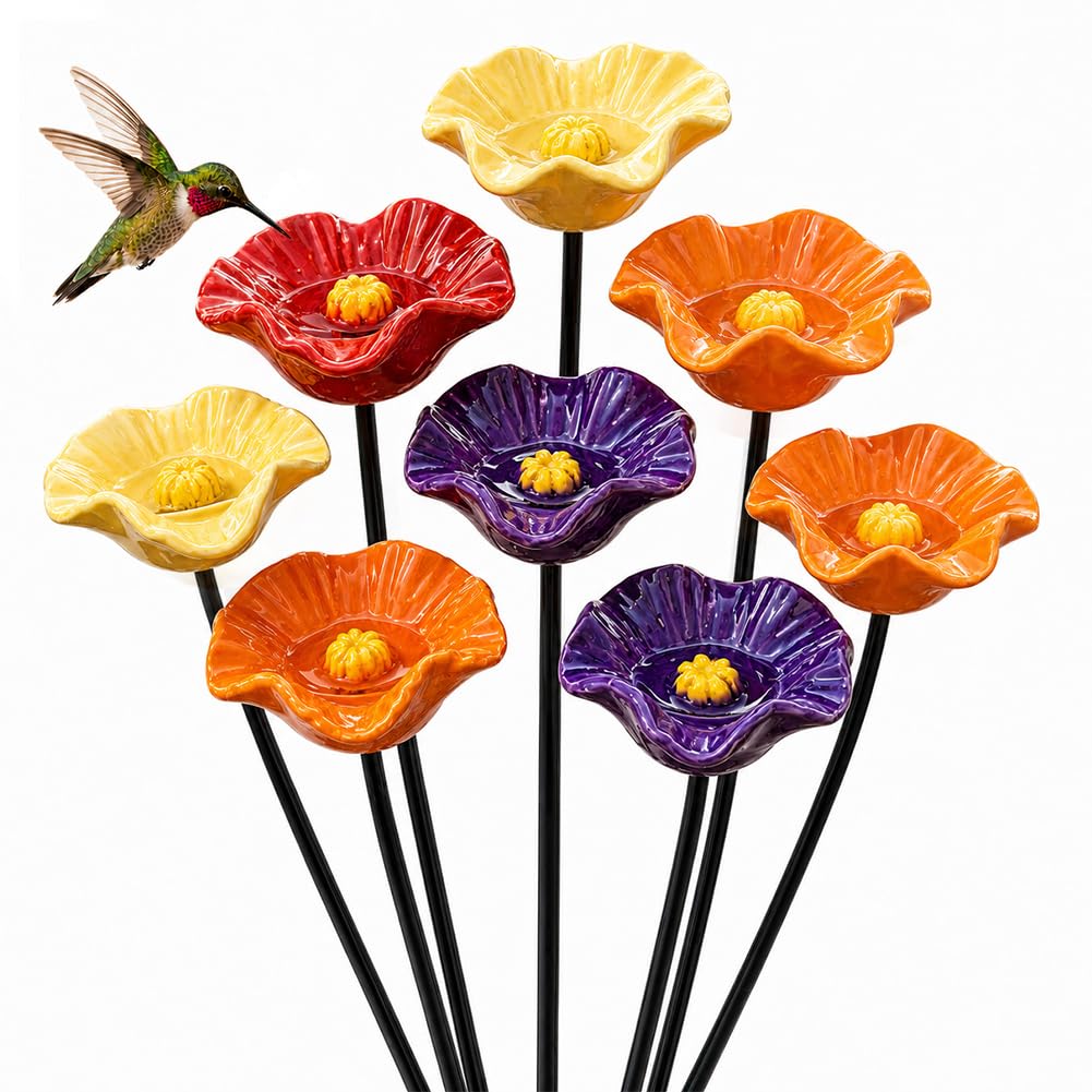 Bee Watering Station for Garden, Handmade Ceramic Flower Bee Bath, Outdoor Insect Watering Station with Metal Stakes, Decorative Bee Waterer for Bees, Butterflies & Pollinators (8 PCS)