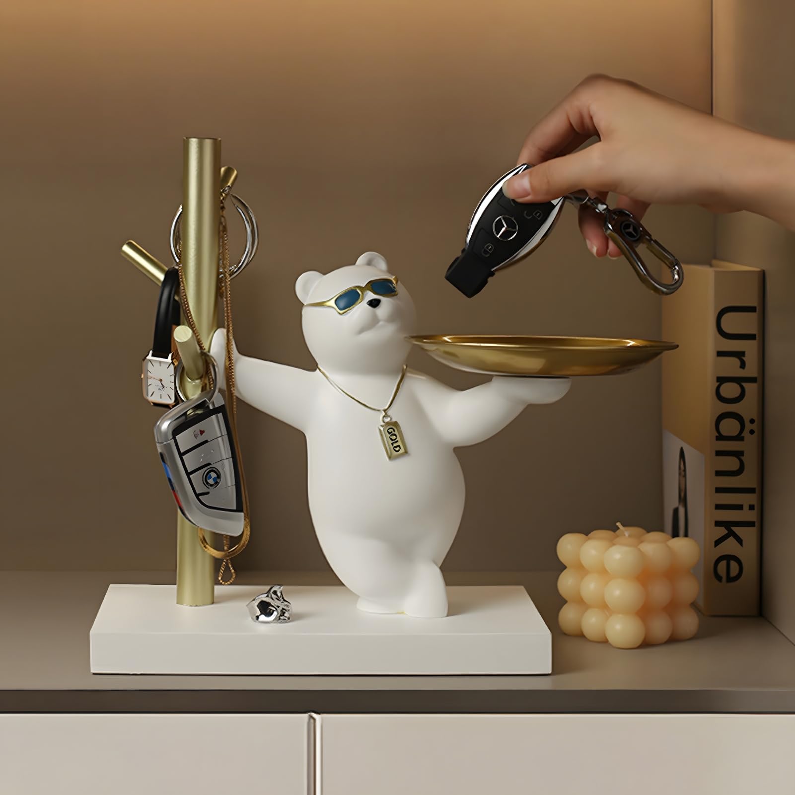 VAODO Key Bowl for Entryway Table, Enchanting Bear Statue Candy Dish with Entrance Desk Wooden Key Tray for Desk Art Entrance Shoe Cabinet Tabletop Home Decor