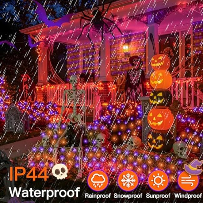 suddus 360 LED Halloween Net Lights, 12ft x 5ft String Lights with Remote, Waterproof Connectable Green Wire for Bushes, Trees, Halloween Decoration, Indoor Outdoor Party Yard Garden, Purple & Orange