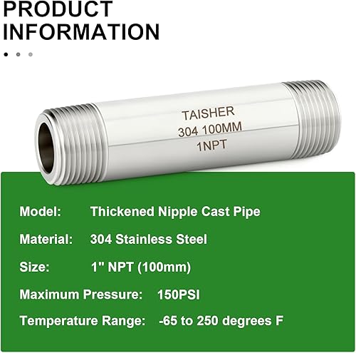 Miniatura 512 de TAISHER 2 accesorios de tubería de acero inoxidable, 1/2 "NPT x 1/2" NPT macho roscado, tubo fundido de pezón de 6 pulgadas de longitud 1.969 in