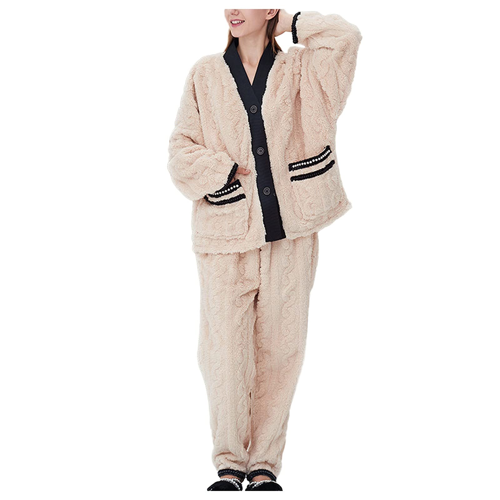 CMBSSTFC Warmer Flanell-Pyjama für Damen, kuschelig Warmer Damen-Pyjama, Winter-Pyjamahose + Langarm-Pullover, kuscheliger Anzug, Zweiteiliger Fleece-Pyjama, Flauschiger Hausanzug für Mädchen