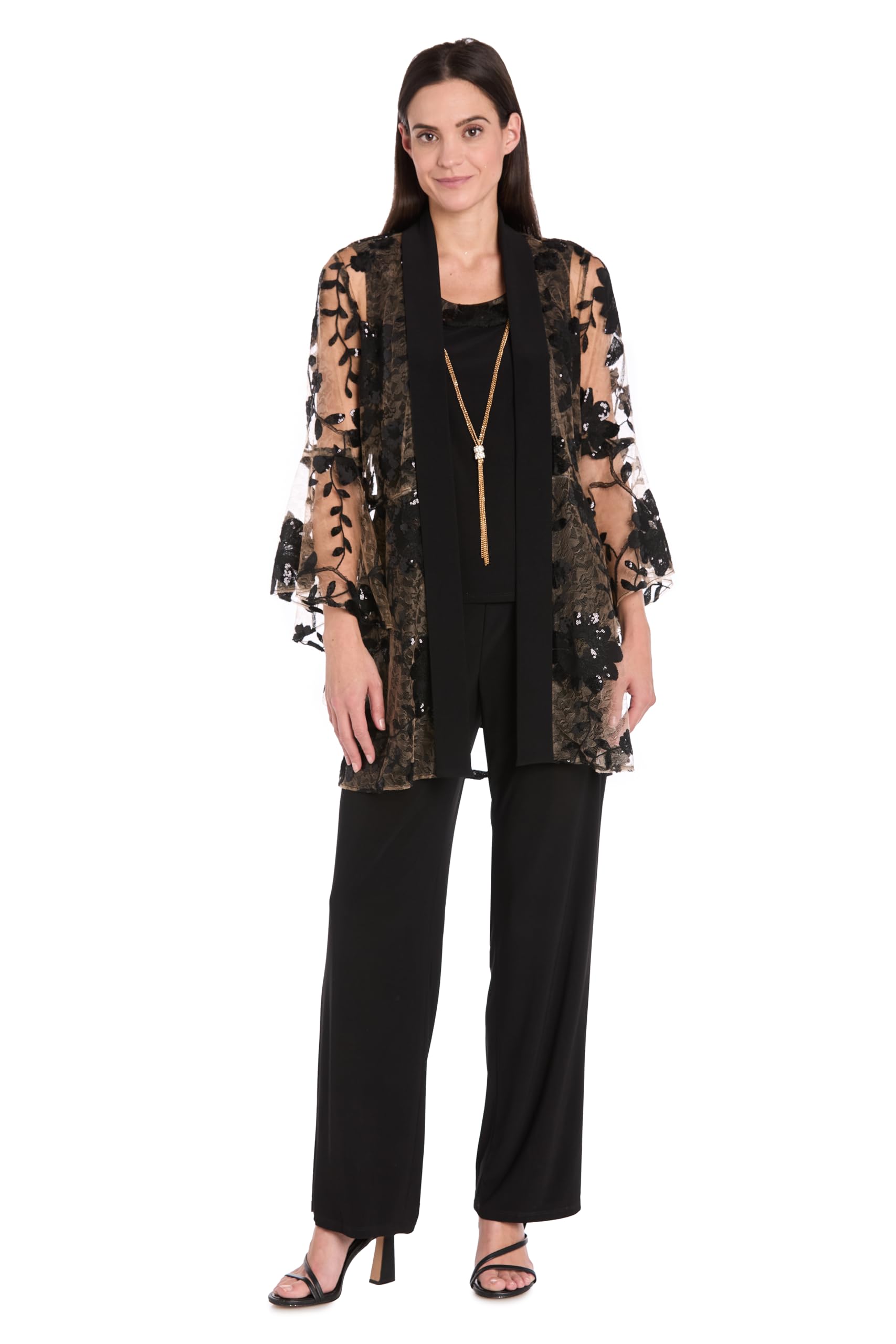 3PC Floral Threadwork Pantsuit Set W Sheer Bell Sleeve Duster Jacket