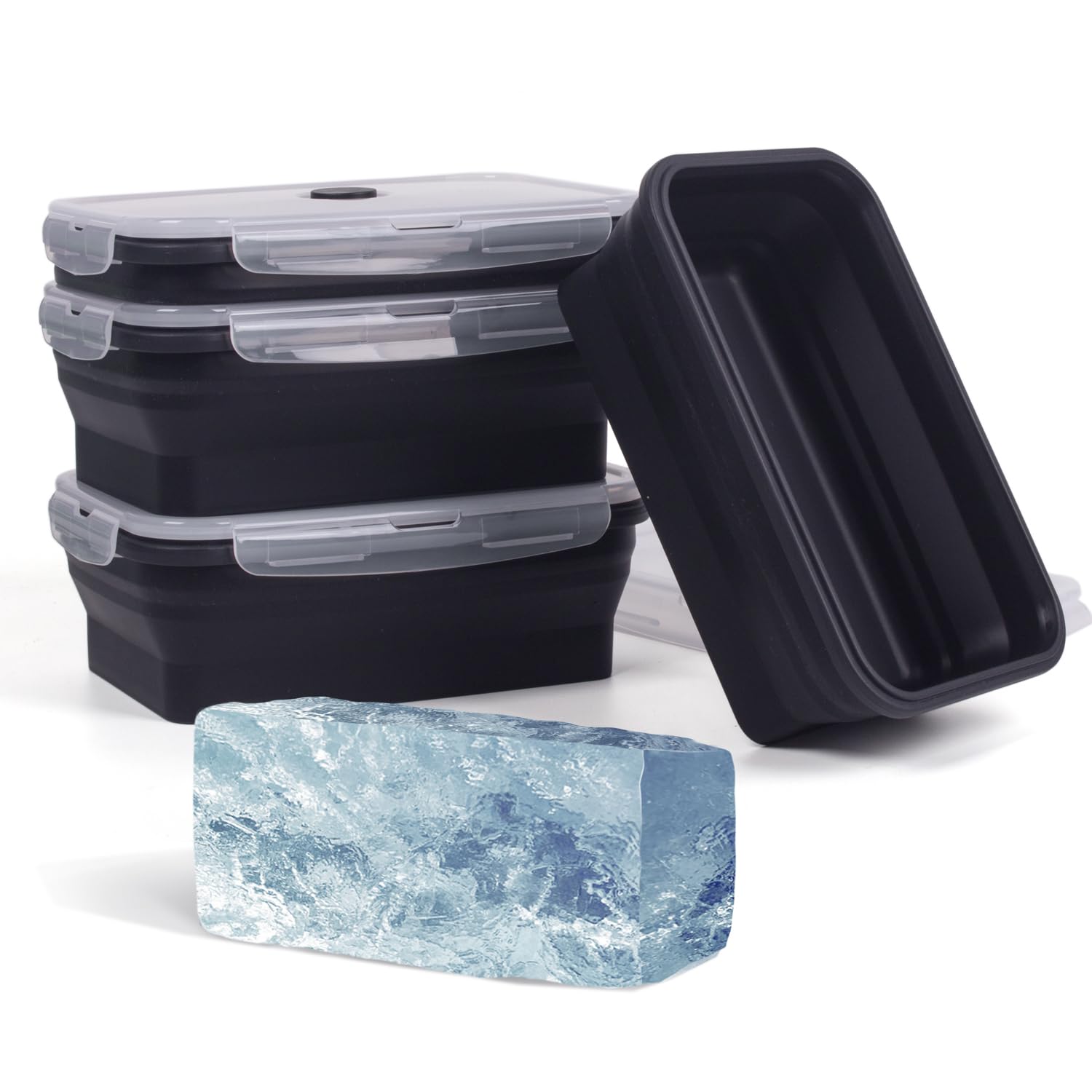 Collapsible Food Storage Containers with Lids, 4 Pack, 40 oz Silicone 1-Compartment Meal Prep Containers Reusable, Lunch Bento Boxes for Adults, Microwave Freezer Dishwasher Safe, BPA-Free, Black