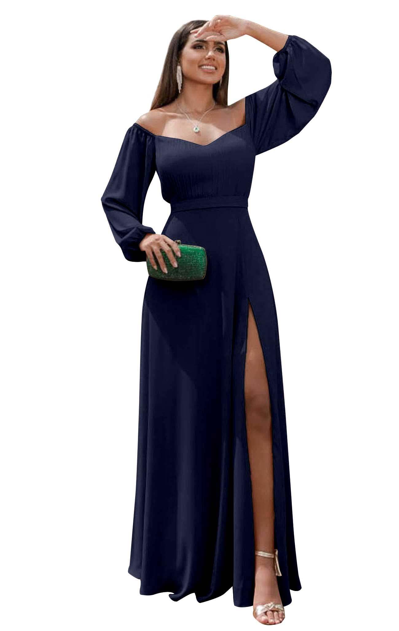 BONOYUER Long Sleeve Bridesmaid Dress for Women A Line Off The Shoulder Chiffon Formal Evening Dresses with Slit