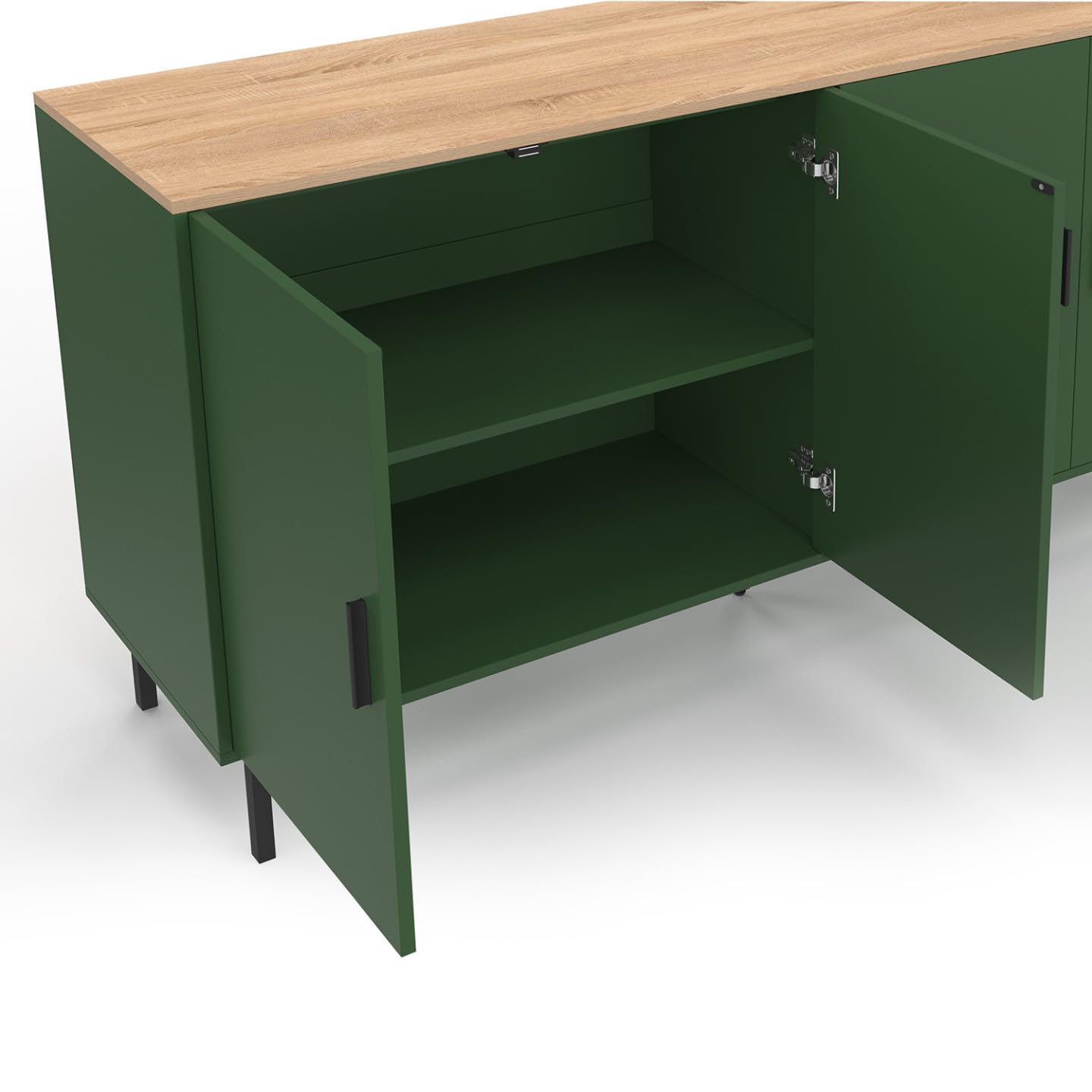 IDMarket - Buffet 160 cm KELIA 4 Portes Vert Kaki et Plateau Bois