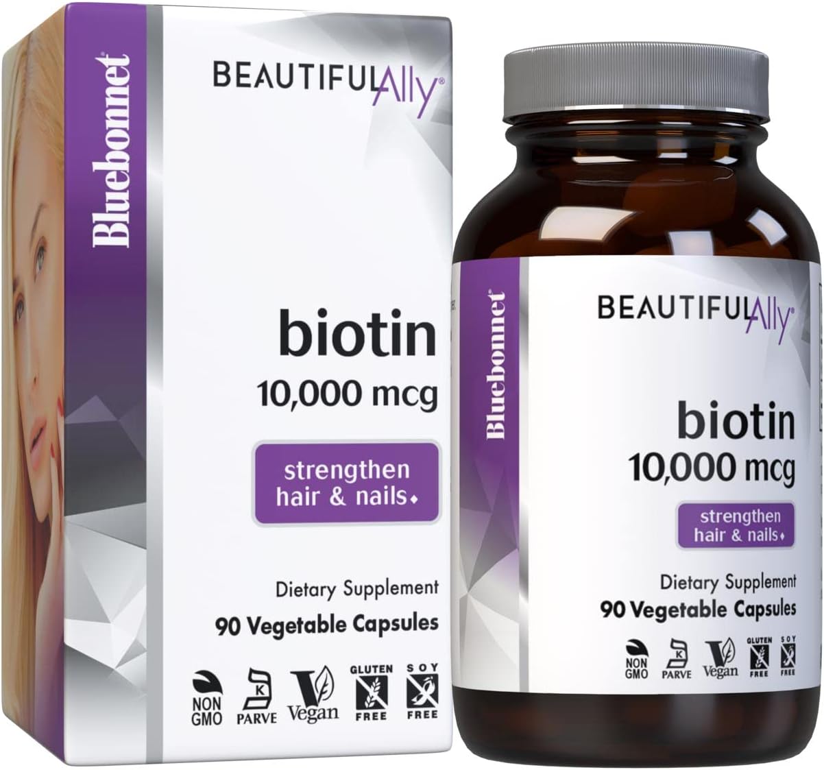 Nutrition Beautiful Ally Biotin 10,000 mcg, Strengthen Hair & Nails*, Non-GMO, Vegan, Kosher Certified, Gluten-Free, Soy-Free, 90 Vegetable Capsules, 90 Servings