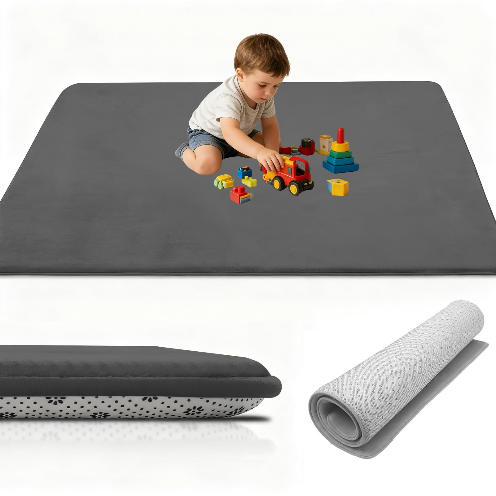 Coral Velvet Tappetino Area tappeti Gioco, Spessore 3cm, Tappetino per Gattonare per la Cameretta del Bambino con Fondo Antiscivolo Tappeto Neonato 180 x 180 cm Grigio Scuro
