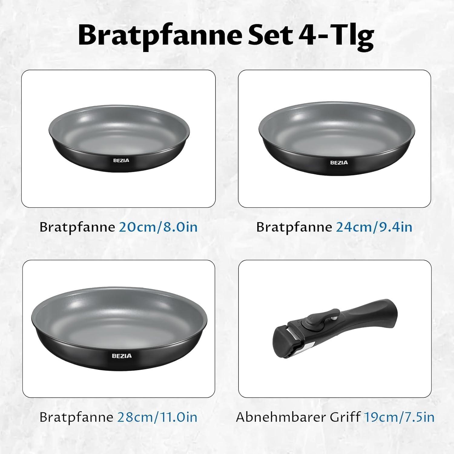 BEZIA Pfannenset mit Abnehmbarem Griff, Camping Bratpfannen Set Keramik-Antihaftbeschichtung Pfannen Induktion für Wohnmobil & Kleine Küche, Stapelbar, Ofenfest, PFAS-frei, 20+24+28 cm