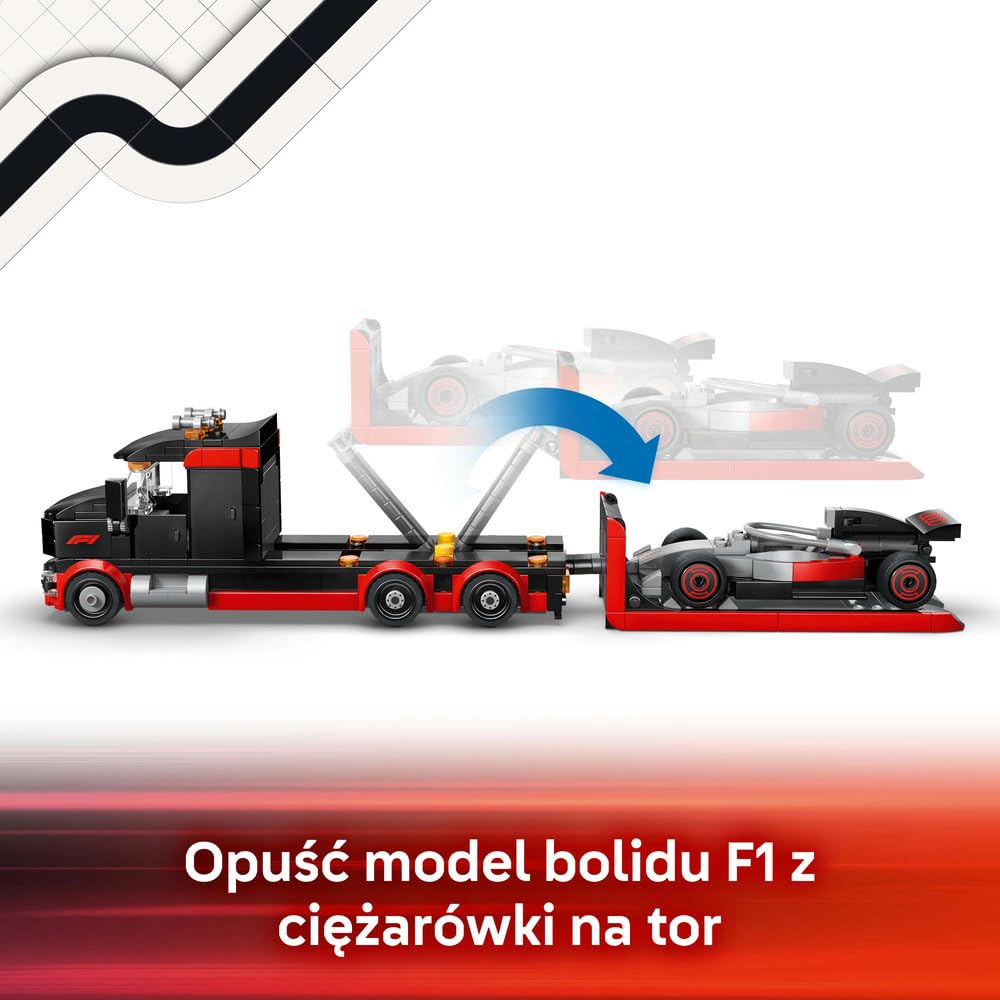 LEGO City Ciężarówka F1 z bolidem Audi F1, zabawka dla dzieci do zbudowania, pomysł na prezent dla 7-latka, dla chłopca i dziewczynki na urodziny, ozdoba na biurko dla fana wyścigówki z klocków 60493