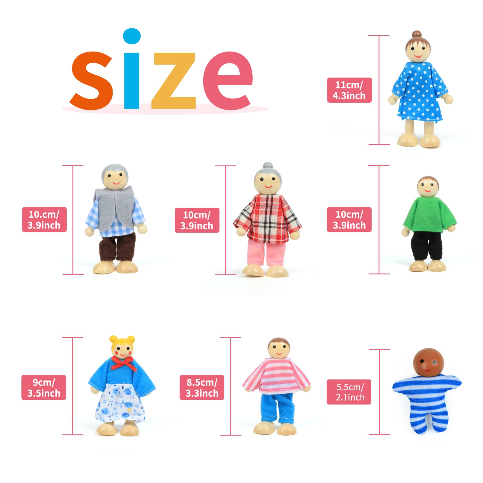 Lifreer Dolls House Accessories, Wooden Dolls Sets of 7 People, Doll House Figures, Doll House Furniture - Image 2
