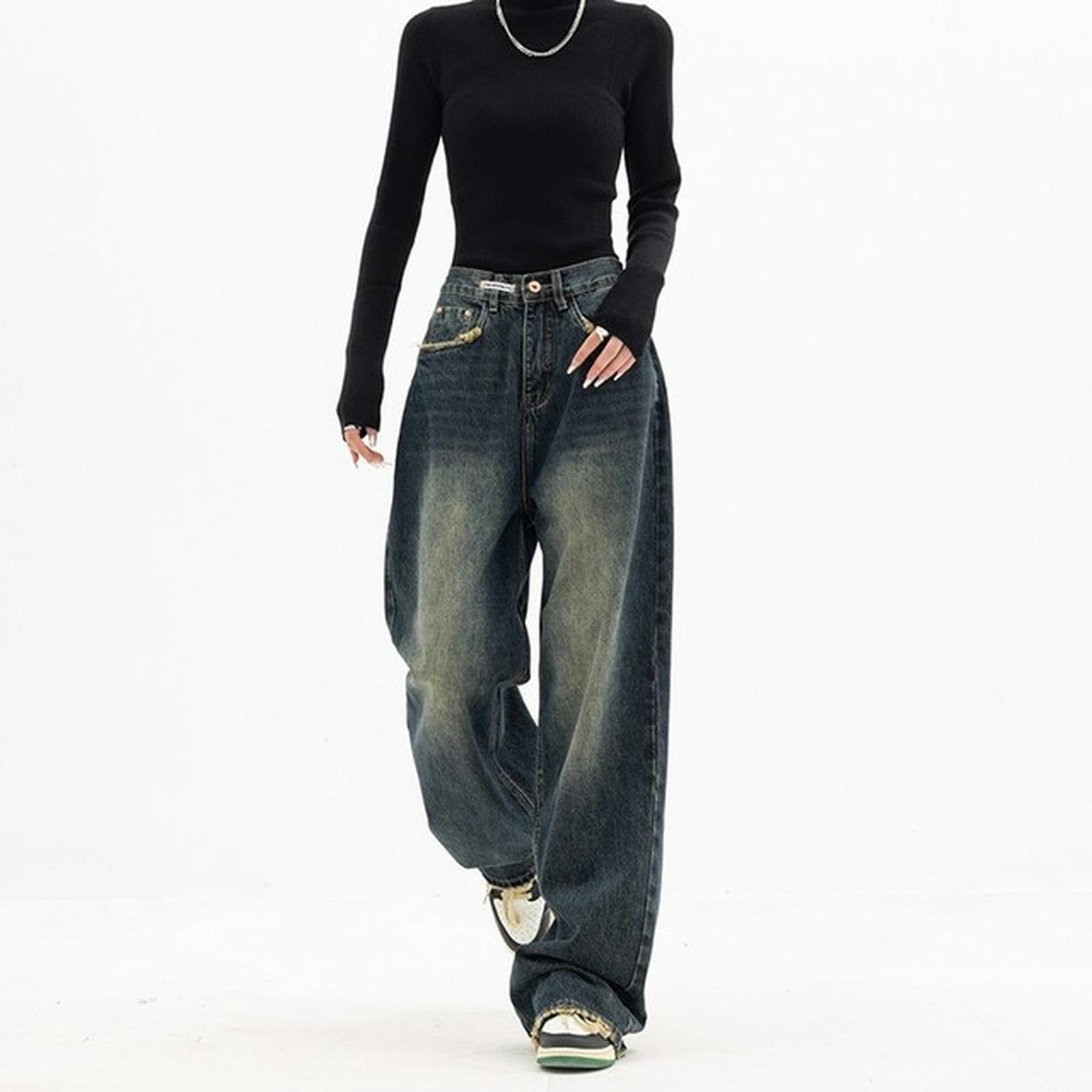 Moda Americana Streetwear Jeans a Gamba Larga Pantaloni di Jeans Femminili Pantaloni di Jeans Larghi Jeans Vintage Blu a Vita Alta da Donna Y2K-Blu Profondo-M