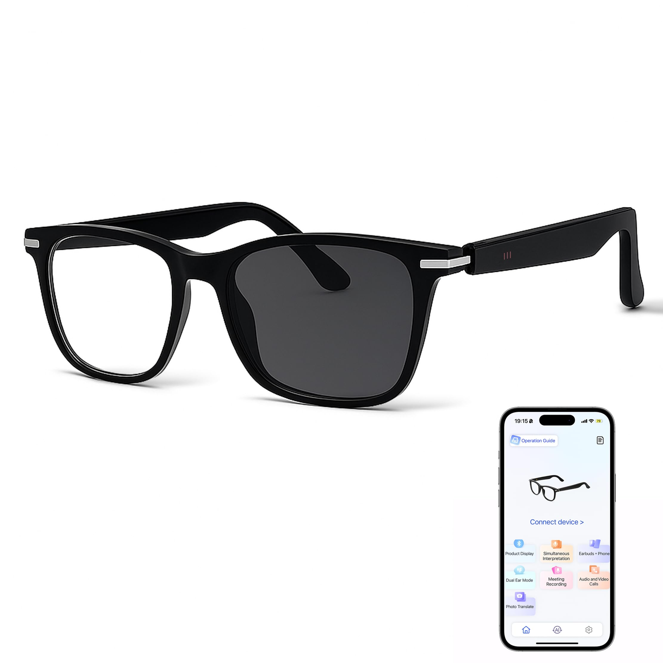 AI Smart Glasses with Audio-Tint Photochromic Lenses Real-Time Translation Bluetooth Open-Ear Audio 8H Battery for Indoor Outdoor All-Day