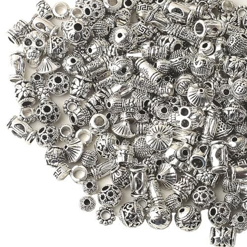 HERZWILD 200g Perles Intercalaires Rondelle Argent Antique Tibétains Espaces Séparateur Rondes en Métal d'Espacement Argentées Mixte pour Création de DIY...