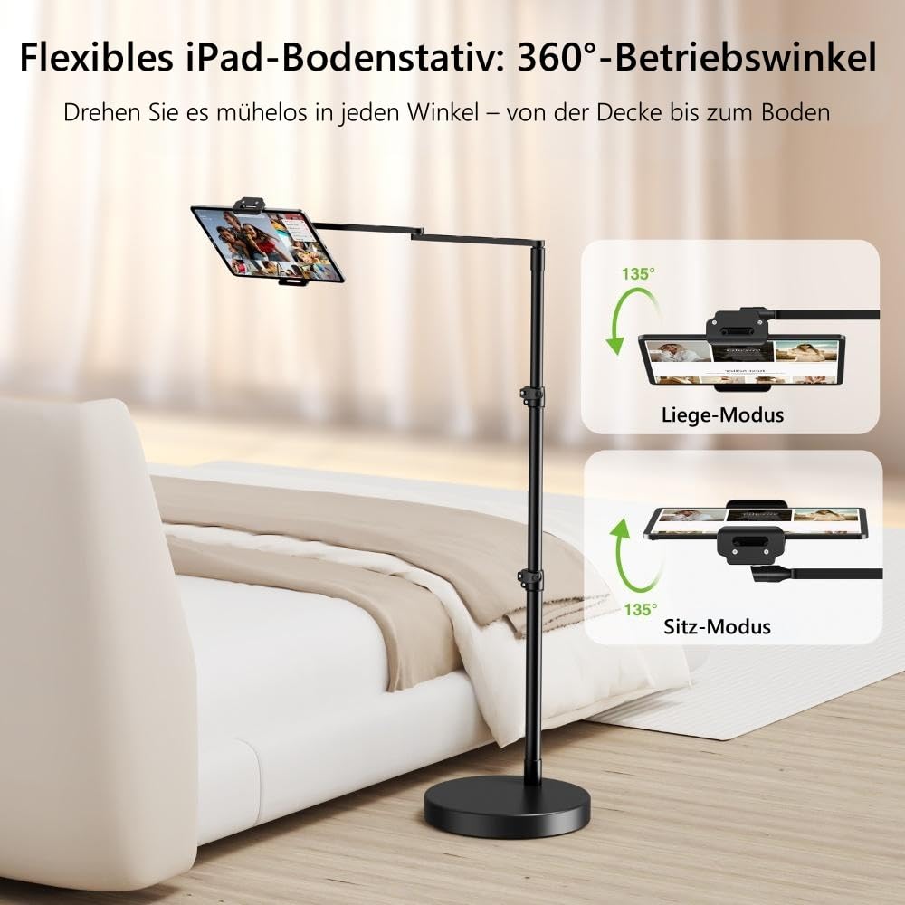 elitehood Verstellbarer iPad Bodenständer mit Schwerlast-Standfuß, 61 cm Horizontaler Langer Arm Tablet Ständer Halterung für Bett & Sofa – Kompatibel mit iPad mini/Air/Pro 12.9" und 4.7-13" Geräten