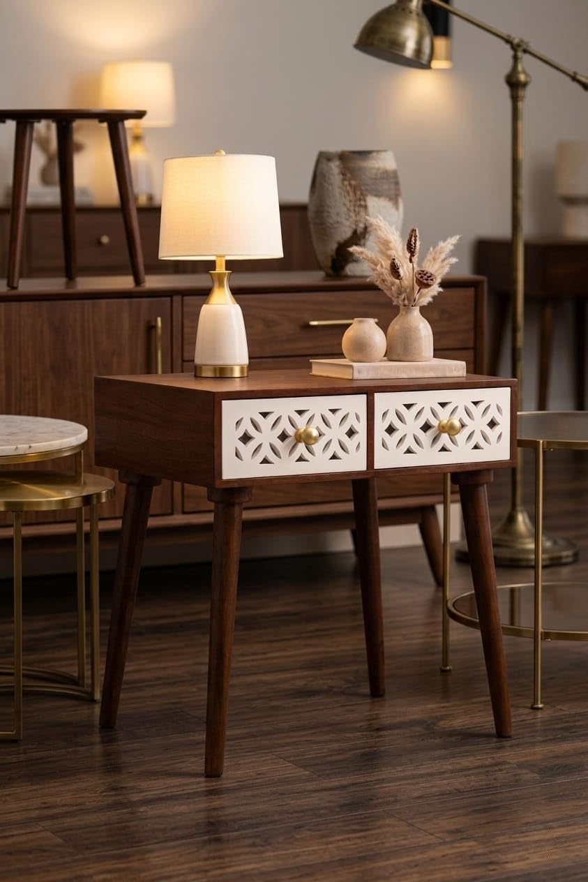 modern wooden bedside table with storage drawer & open shelf | space-saving nightstand for bedroom furniture, living room side table, home décor accent brown white