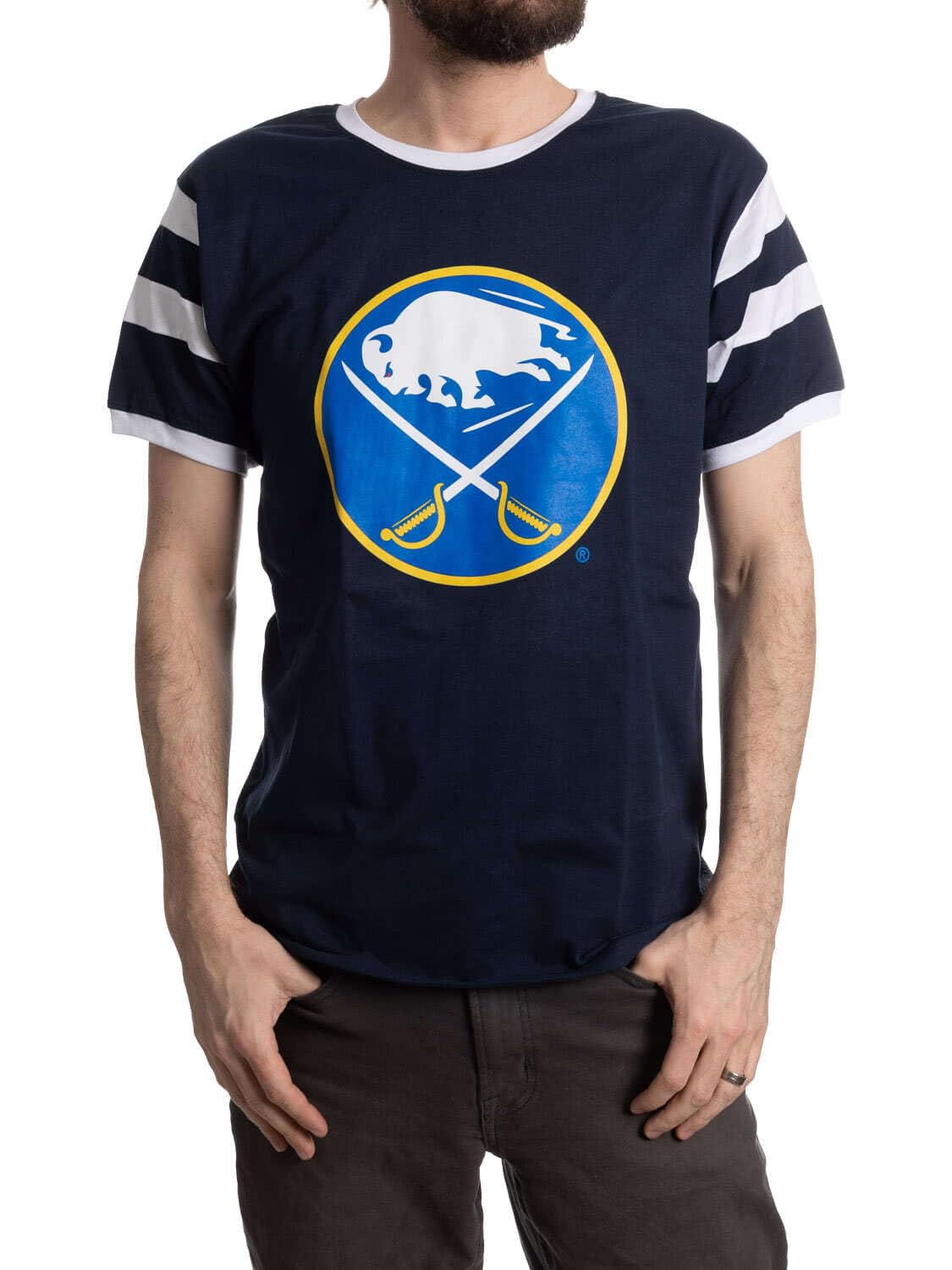 CALHOUN NHL Mens Shoulder Stripe Varsity Inset Sleeve Retro Style T-Shirt