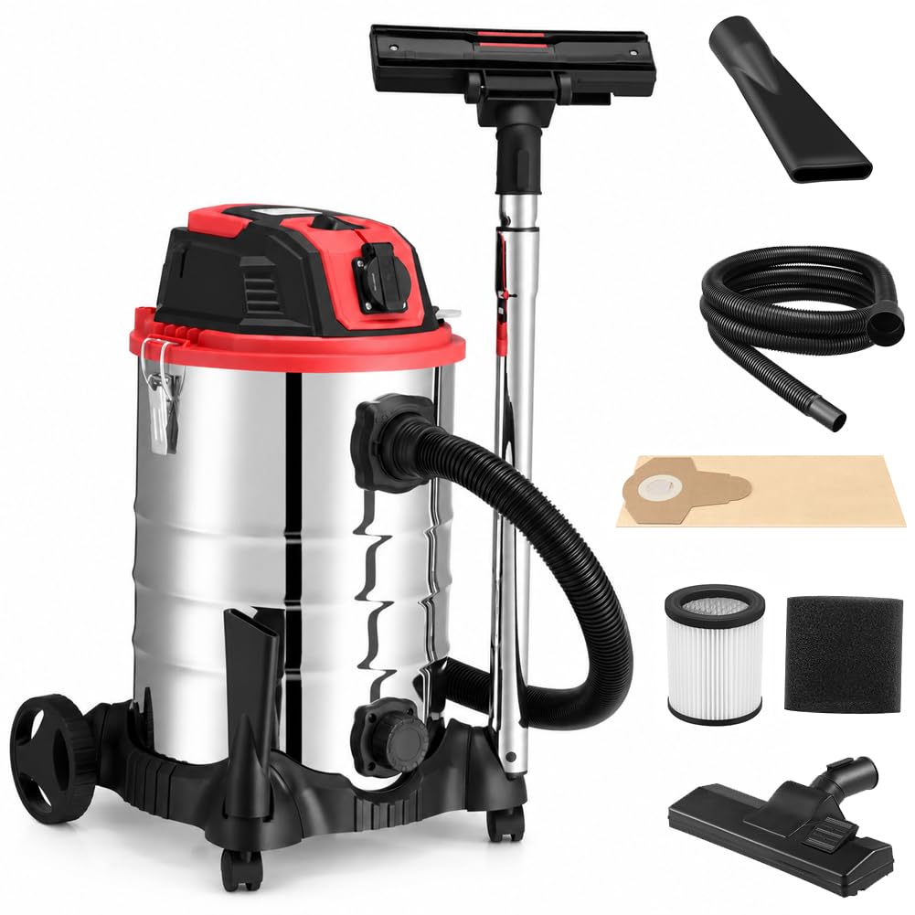BAKAJI Aspirapolvere Professionale per Liquidi e Solidi Potenza 1200 W, Aspiratutto Aspiraliquidi con Filtro Interno, Filtro HEPA, Tubo Aspirante Flessibile e Bidone in Acciaio Inox da 30 Litri