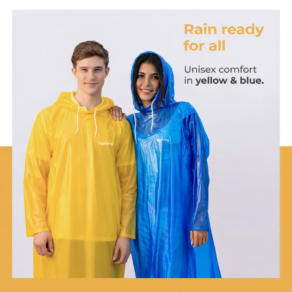 Lifelong Waterproof Unisex Raincoat | Hooded Full Sleeves Outdoor Poncho for Men, Women, Boys & Girls | Durable PVC Rainwear for Camping, Hiking, Travelling | Adjustable Drawstring | Yellow (1 Pc) 3