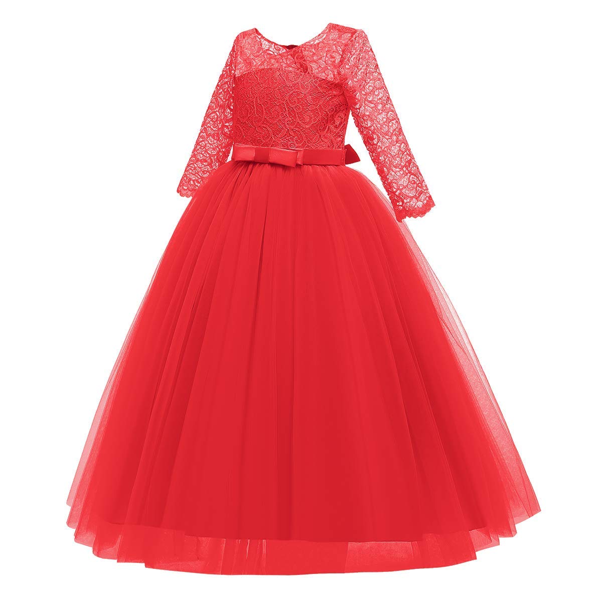 IWEMEK Elegant Brautjungfer Kleider für Mädchen Blumenmädchen Hochzeitskleid 3/4 Arm Spitzenkleid Tüllkleid Prinzessin Festzug Erste Kommunionskleider Weihnachten Karneval Abendkleid Partykleid