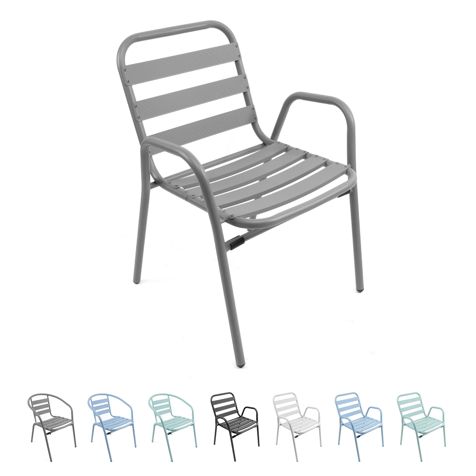 THE SECRET HOME - Silla de Aluminio con Reposabrazos para Jardín - Silla Apilable - Asiento de Exterior para Balcón, Terraza y Jardín - Alto: 78 centímetros x Largo: 60 centímetros - Gris