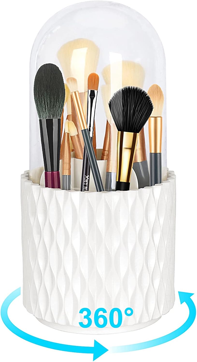 JULAU Makeup Brush Holder Organizer with Lid, 360 Rotating Makeup