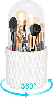 JULAU Makeup Brush Holder Organizer with Lid, 360 Rotating Makeup Brushes Organizer 5 Compartment Clear Cosmetic Display Case for Bedroom Dressing Table, Bathroom Cabinet, Countertop(White)