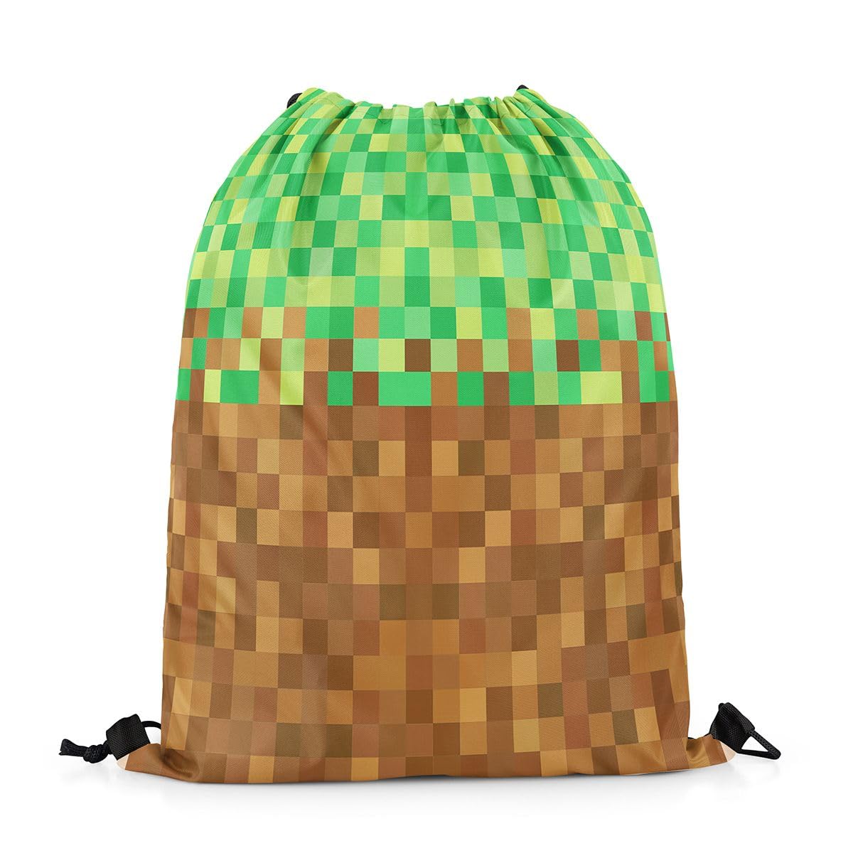 Castle Fairy Pixelated Drawstring Backpack 13"X26",Video Games Gamepad Miners Water Resistant Beach Bag,Geometric Grid String Bag for Shopping Yoga,Brown Green Sackpack for Gym Sports