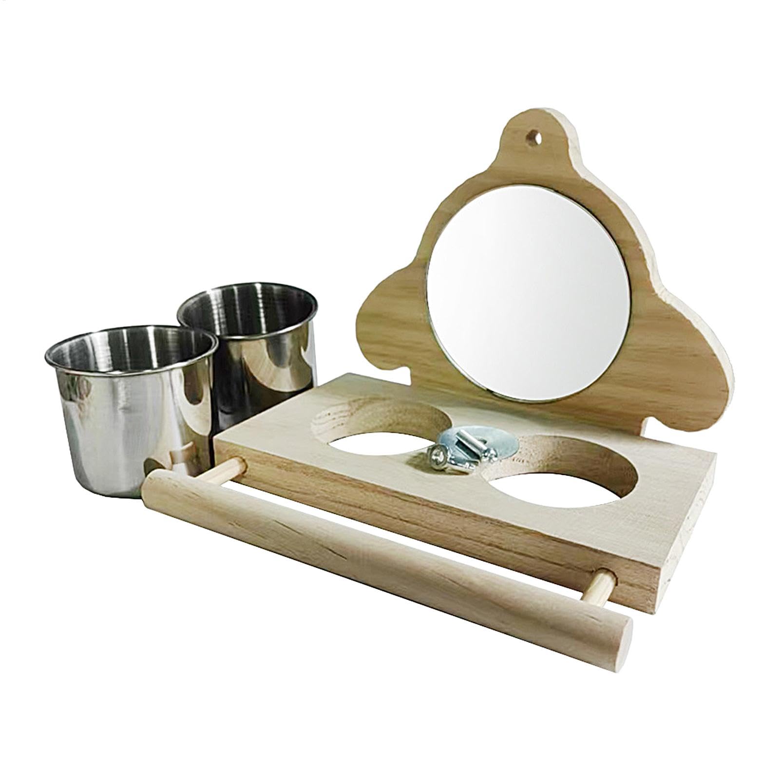 Perchoir cage oiseaux avec miroir et gobelets inox pour perruche