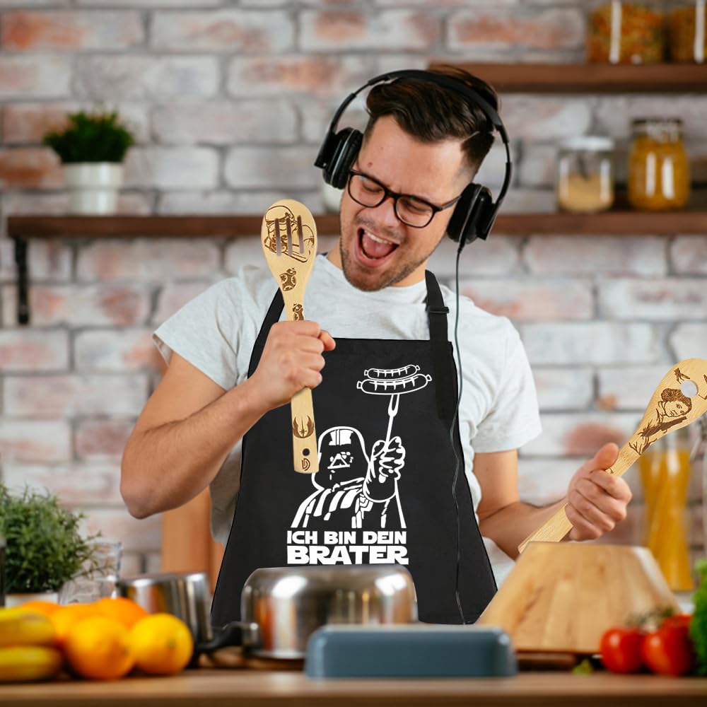 DaceStar - Star Delantal para Barbacoa y Cuchara de Cocina de Madera, Star Regalo Wars, Divertido Merch de Cocina, Decoración