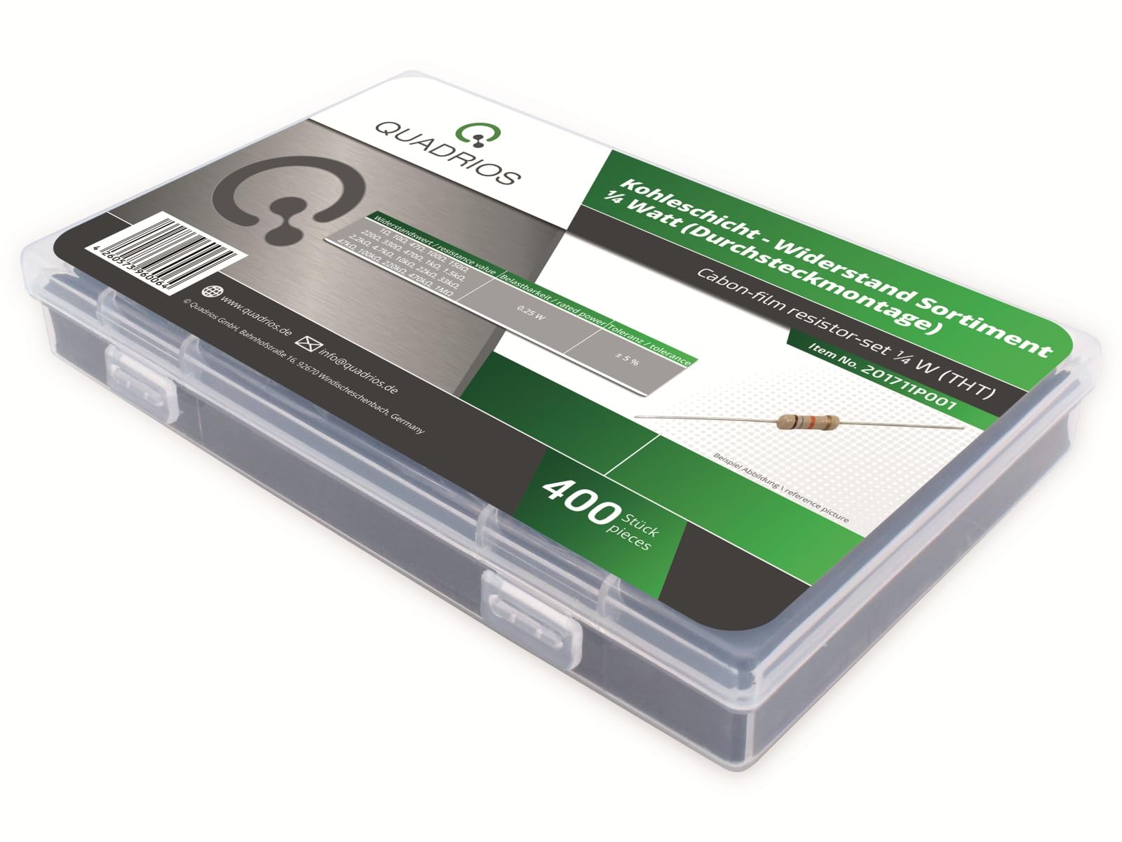 Widerstands-Sortiment: 400 Kohleschicht-Widerstände im Box-Set (0,25 W, 5% Toleranz, 20 Werte, je 20 St)