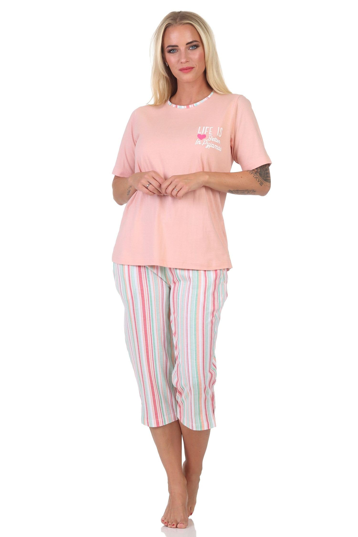 Normann Women's Capri Pyjamas Short Sleeve Pyjamas in Elegant Striped Look - Also in Plus Size, apricot, 44-46